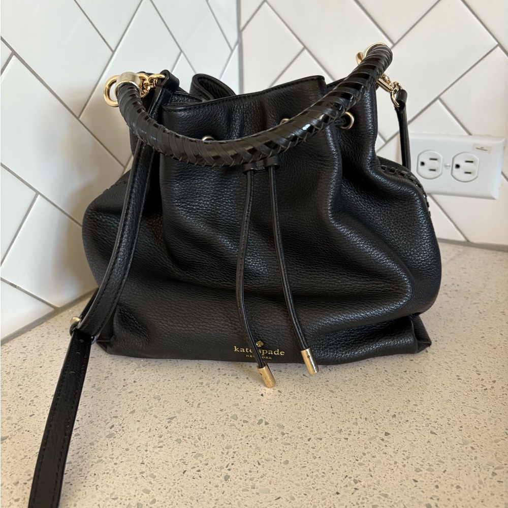 Kate Spade Black Leather Drawstring Bag
